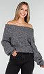 Grijze Off Shoulder Gebreide Trui met Brede Omgeslagen Halslijn en Lange Mouwen
