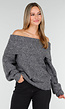 Grijze Off Shoulder Gebreide Trui met Brede Omgeslagen Halslijn en Lange Mouwen