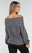 Grijze Off Shoulder Gebreide Trui met Brede Omgeslagen Halslijn en Lange Mouwen
