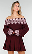 Bordeaux Off Shoulder Trui met Fair Isle Motief en Lange Mouwen