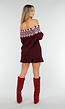 Bordeaux Off Shoulder Trui met Fair Isle Motief en Lange Mouwen