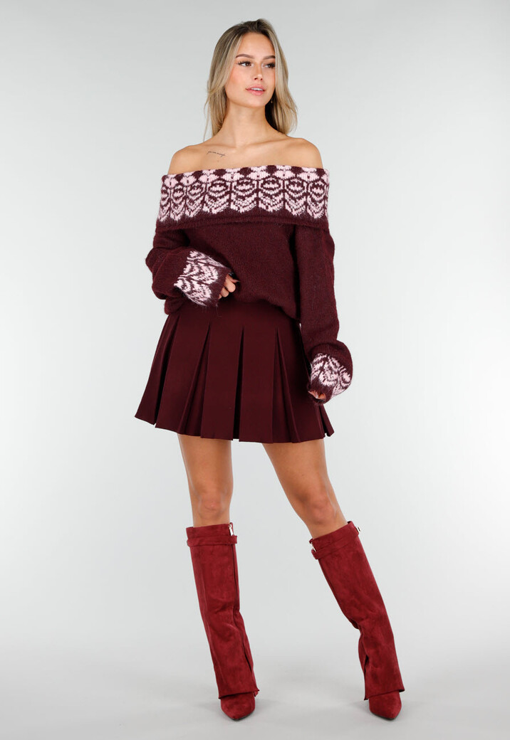 Bordeaux Off Shoulder Trui met Fair Isle Motief en Lange Mouwen