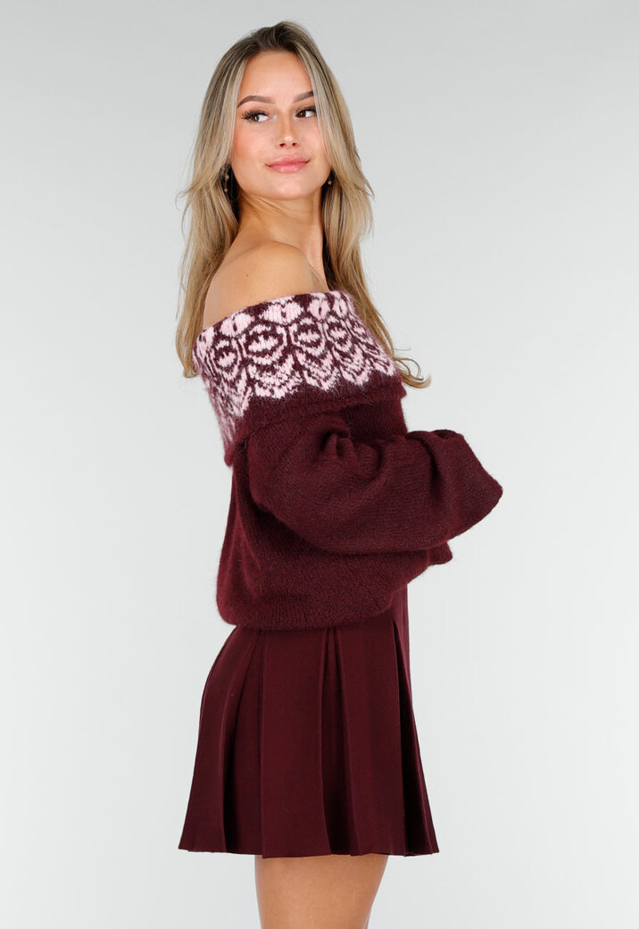 Bordeaux Off Shoulder Trui met Fair Isle Motief en Lange Mouwen