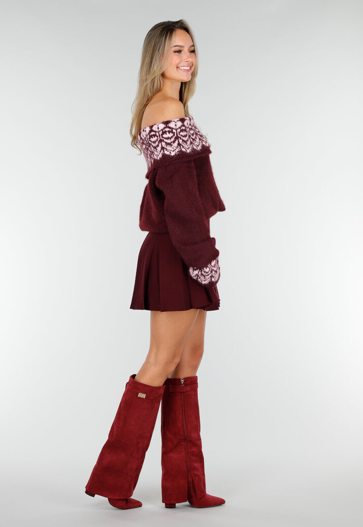 Bordeaux Off Shoulder Trui met Fair Isle Motief en Lange Mouwen