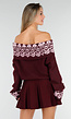 Bordeaux Off Shoulder Trui met Fair Isle Motief en Lange Mouwen