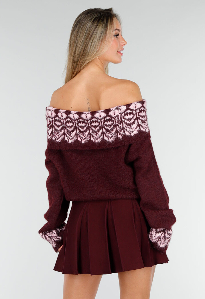 Bordeaux Off Shoulder Trui met Fair Isle Motief en Lange Mouwen