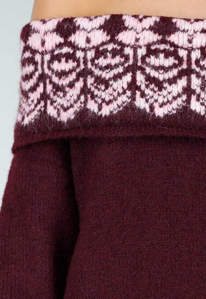 Bordeaux Off Shoulder Trui met Fair Isle Motief en Lange Mouwen