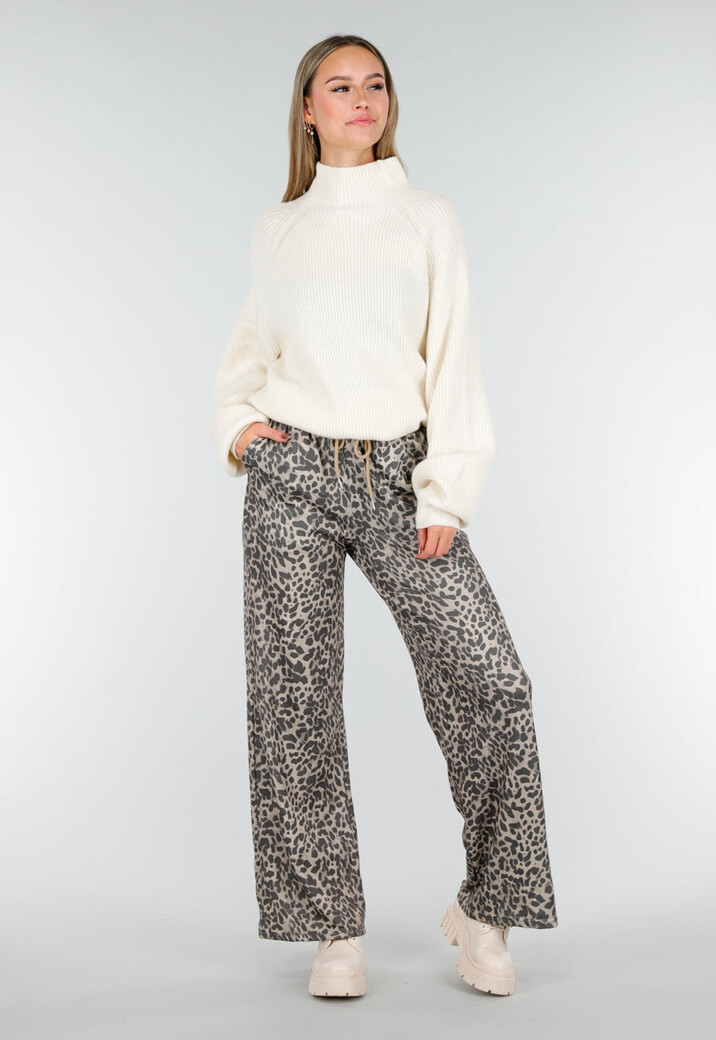 Crèmekleurige Gebreide Trui met Hoge Hals en Lange Mouwen