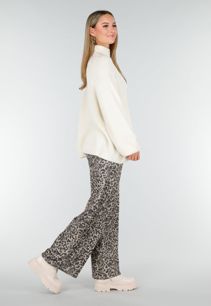 Crèmekleurige Gebreide Trui met Hoge Hals en Lange Mouwen