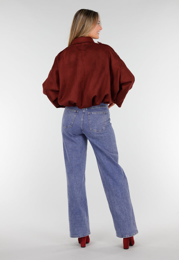 Burgundy Suedelook Jas met Opstaande Kraag en Losvallende Pasvorm