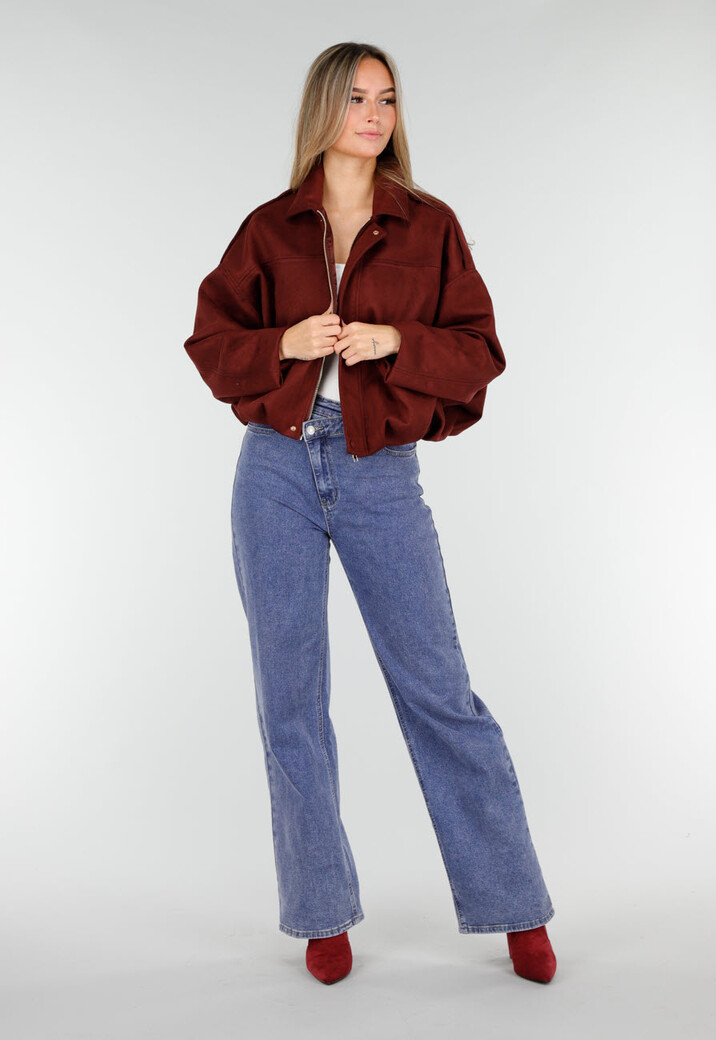 Burgundy Suedelook Jas met Opstaande Kraag en Losvallende Pasvorm