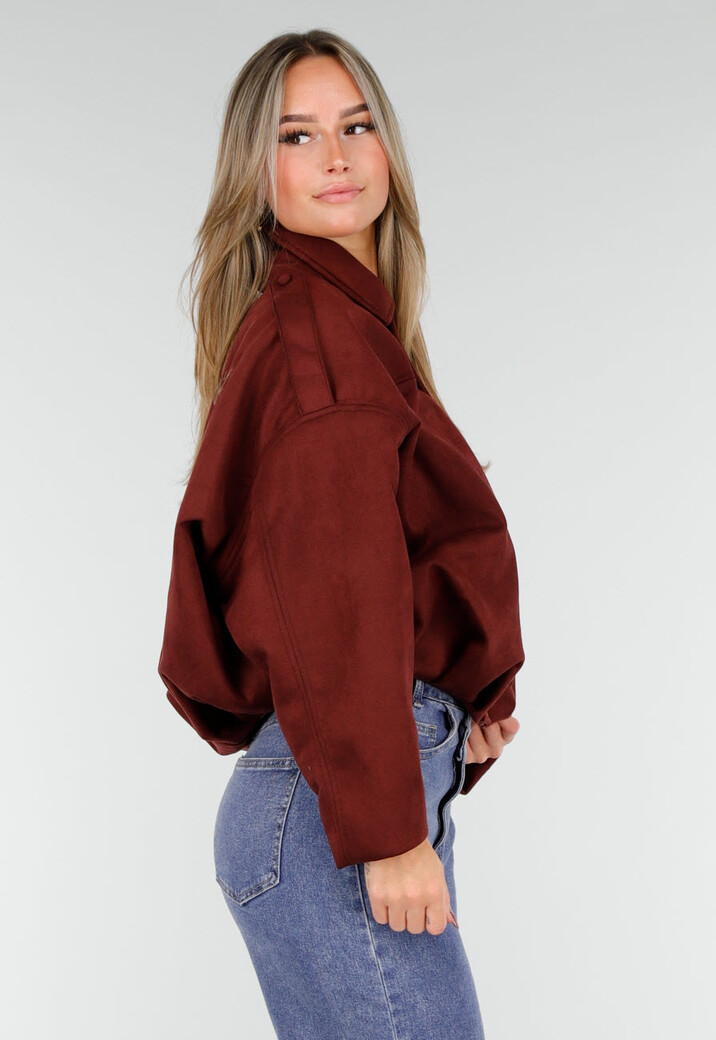 Burgundy Suedelook Jas met Opstaande Kraag en Losvallende Pasvorm