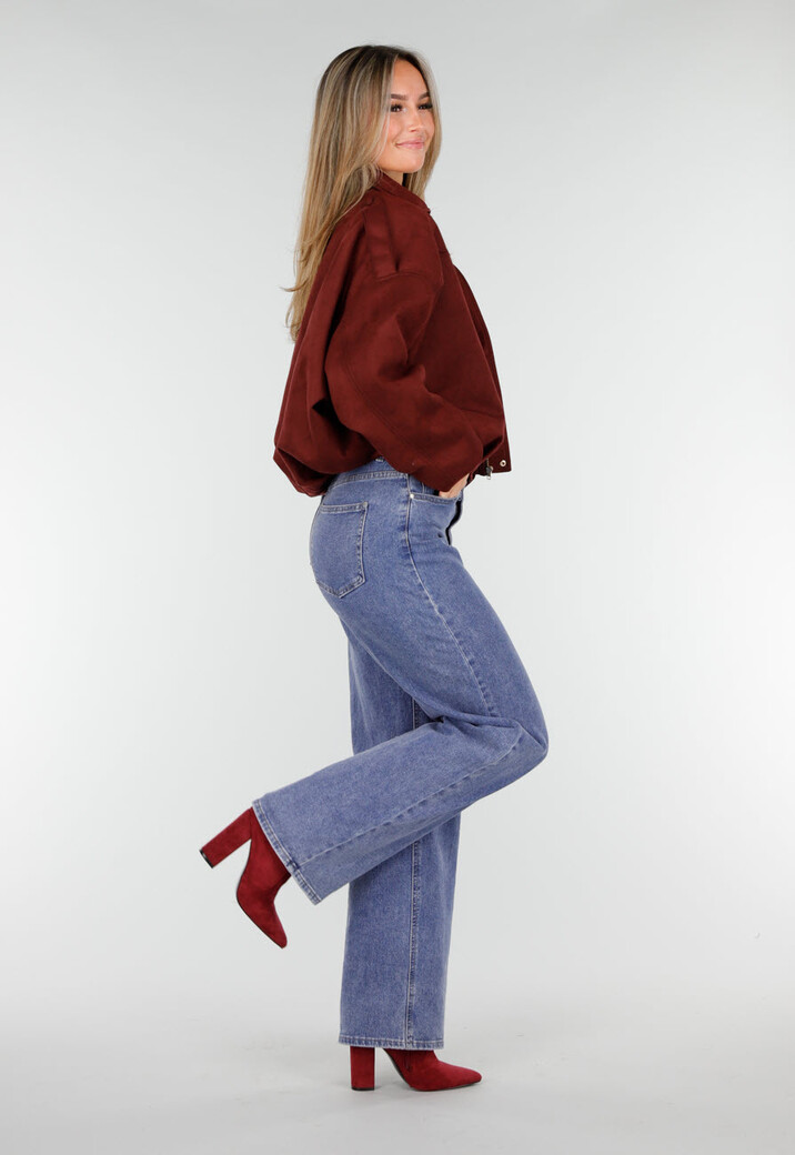 Burgundy Suedelook Jas met Opstaande Kraag en Losvallende Pasvorm