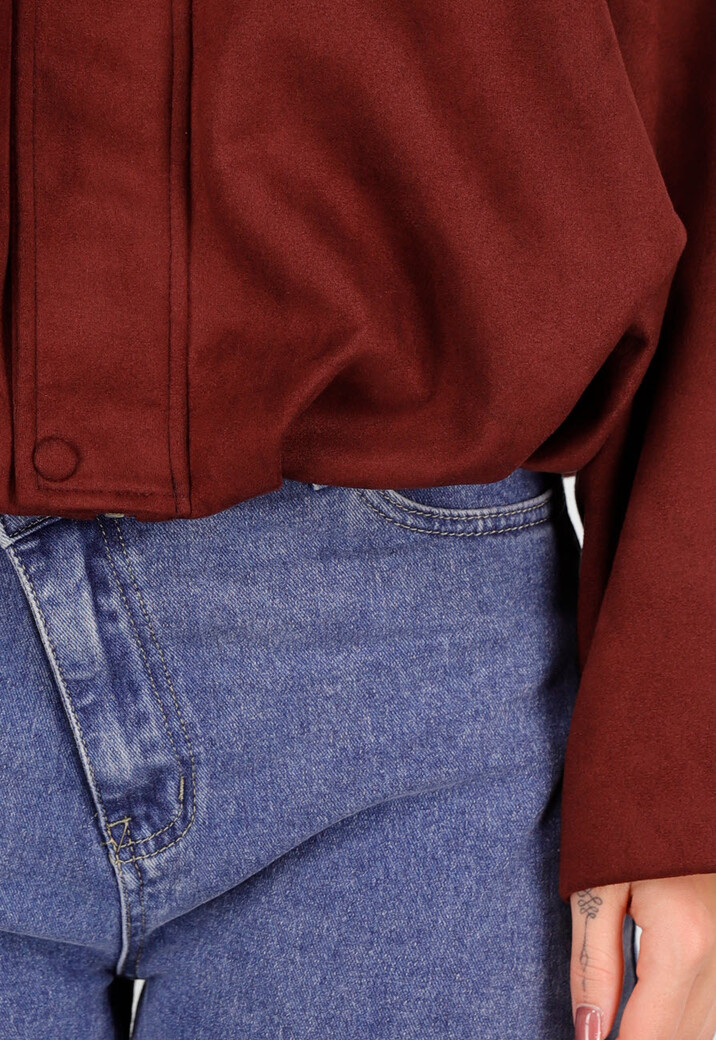 Burgundy Suedelook Jas met Opstaande Kraag en Losvallende Pasvorm