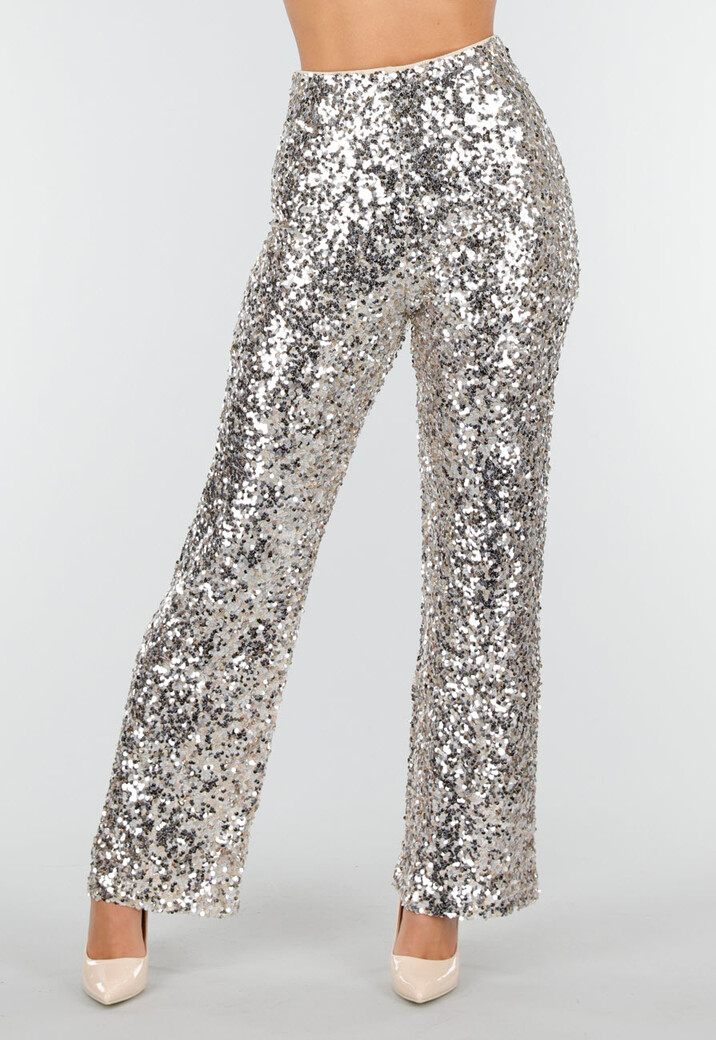 Zilveren Broek met All Over Pailletten en Rechte Pijpen