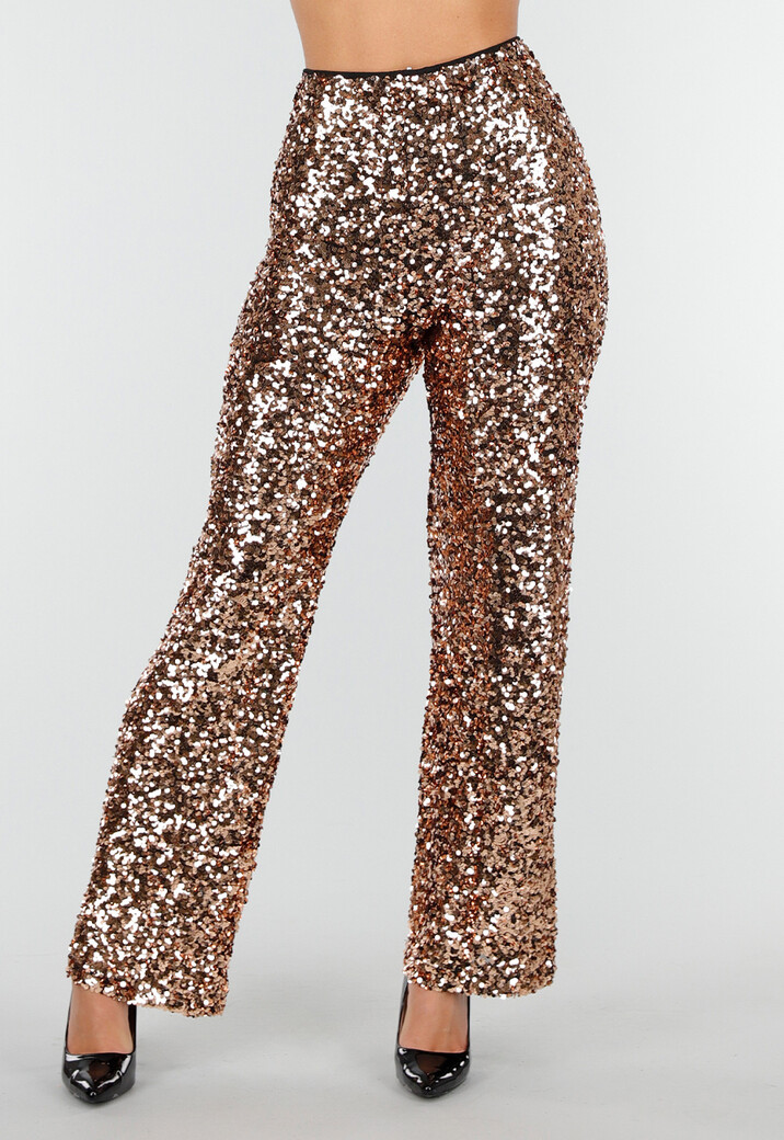 Goudkleurige Pailletten Broek met Hoge Taille en Rechte Pijpen