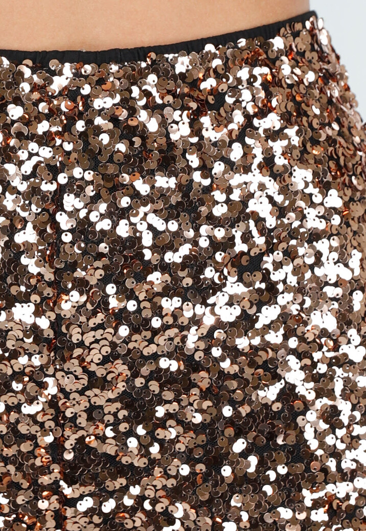 Goudkleurige Pailletten Broek met Hoge Taille en Rechte Pijpen