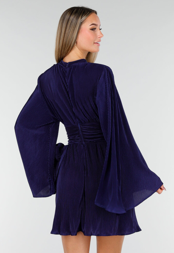 Navy Blauwe Jurk met Plissé en Ruche Taille