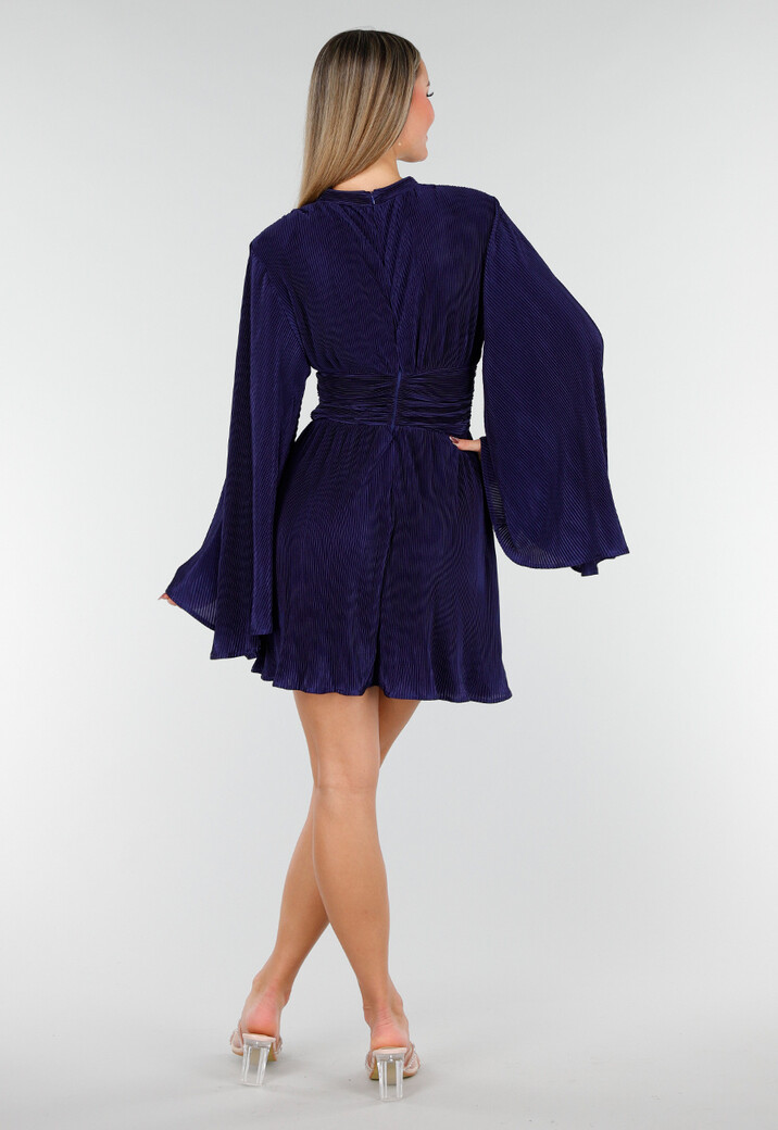 Navy Blauwe Jurk met Plissé en Ruche Taille