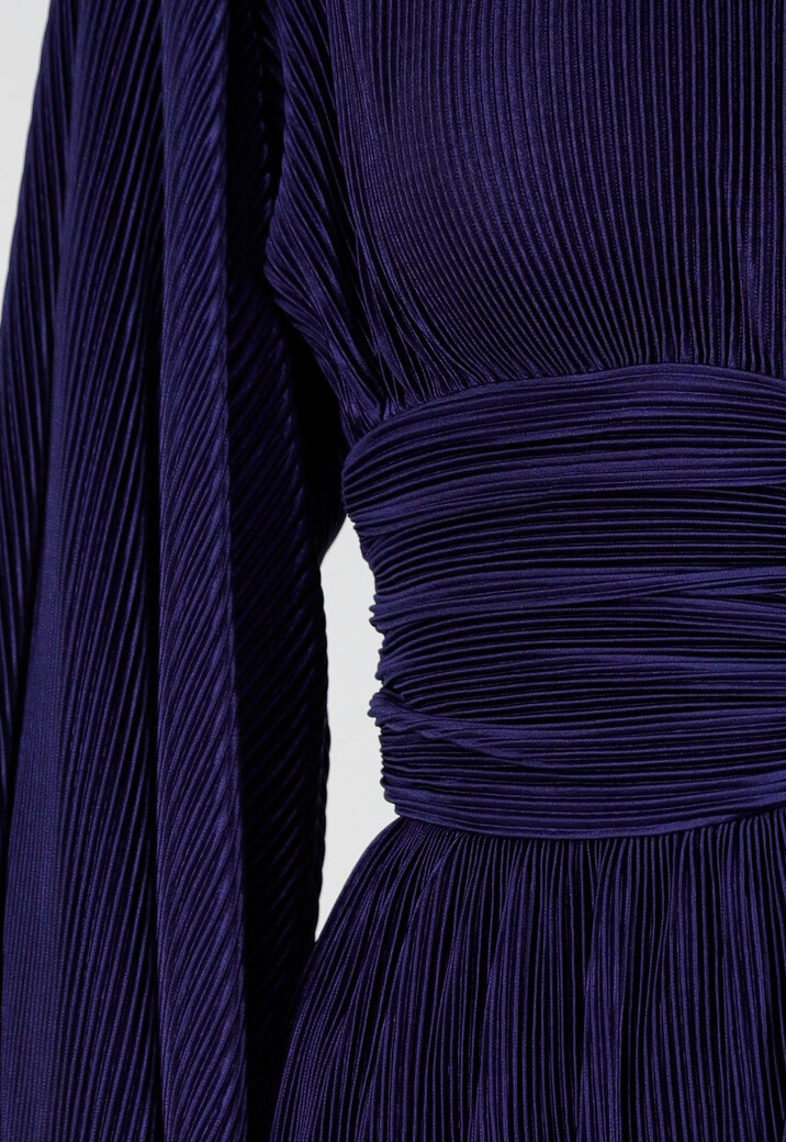 Navy Blauwe Jurk met Plissé en Ruche Taille