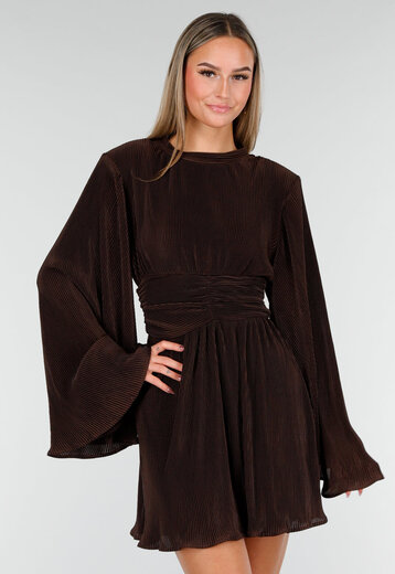 Bruine Plissé Mini Jurk