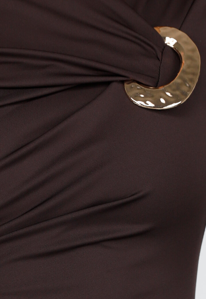 Bruine Midi Jurk met Lange Mouwen en Goudkleurige Ringdetail