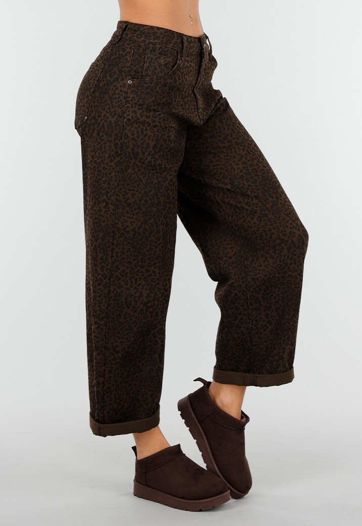 Bruine Barrel Jeans met Subtiele Animalprint en Omgeslagen Zoom