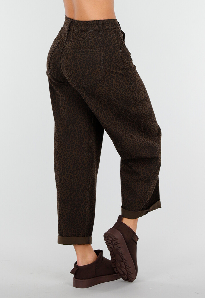 Bruine Barrel Jeans met Subtiele Animalprint en Omgeslagen Zoom