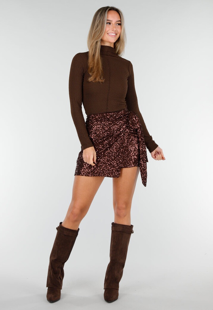Bruine Wikkelrok met All Over Pailletten en Strikkoord