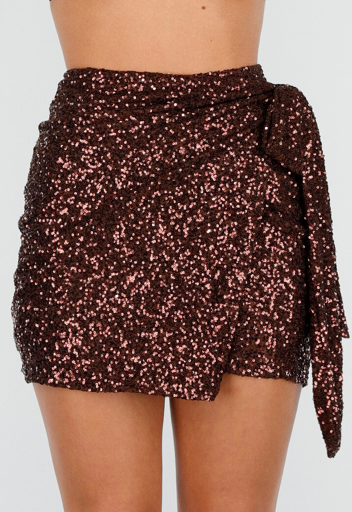 Bruine Wikkelrok met All Over Pailletten en Strikkoord