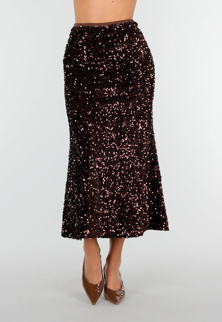 Bruine Midi Rok met All Over Pailletten en Subtiele Uitlopende Zoom