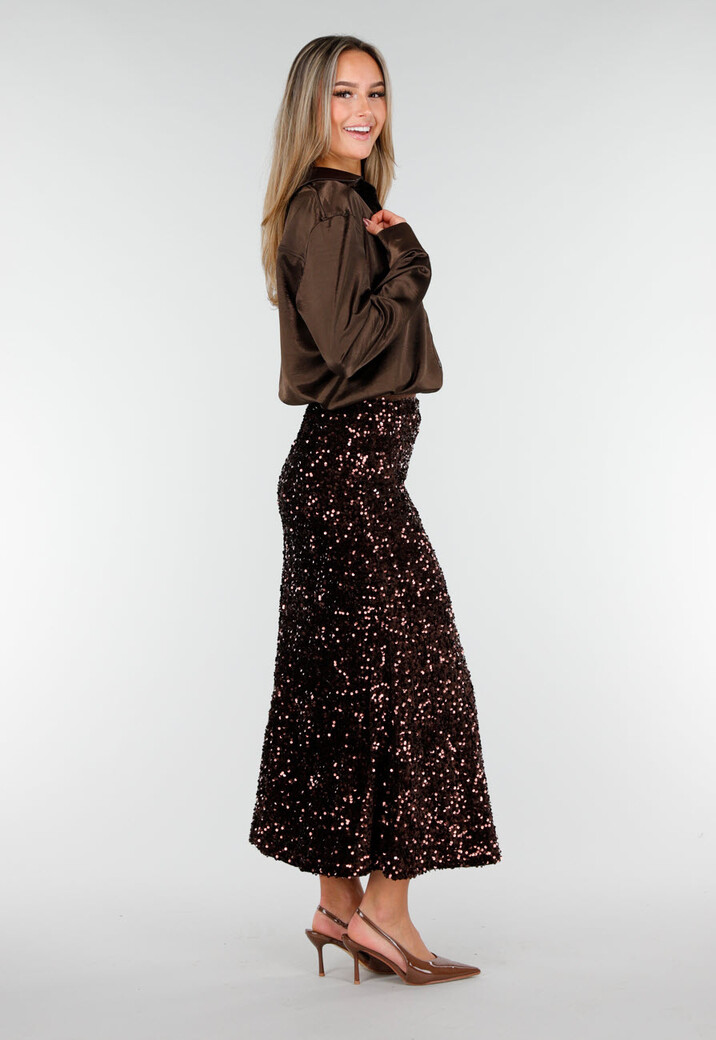 Bruine Midi Rok met All Over Pailletten en Subtiele Uitlopende Zoom