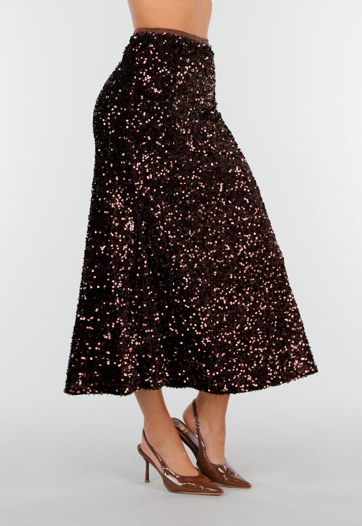 Bruine Midi Rok met All Over Pailletten en Subtiele Uitlopende Zoom