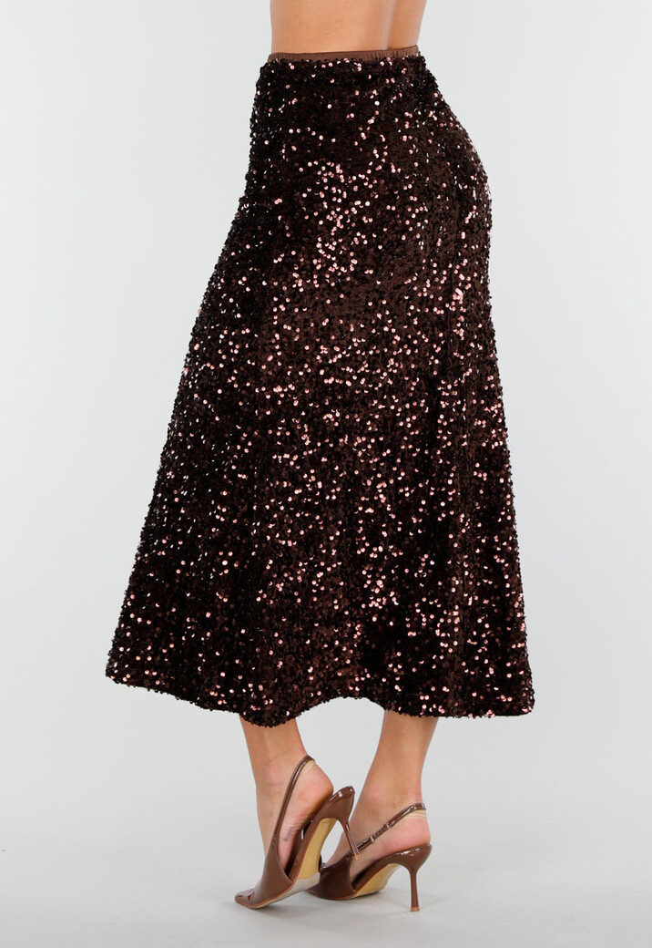 Bruine Midi Rok met All Over Pailletten en Subtiele Uitlopende Zoom