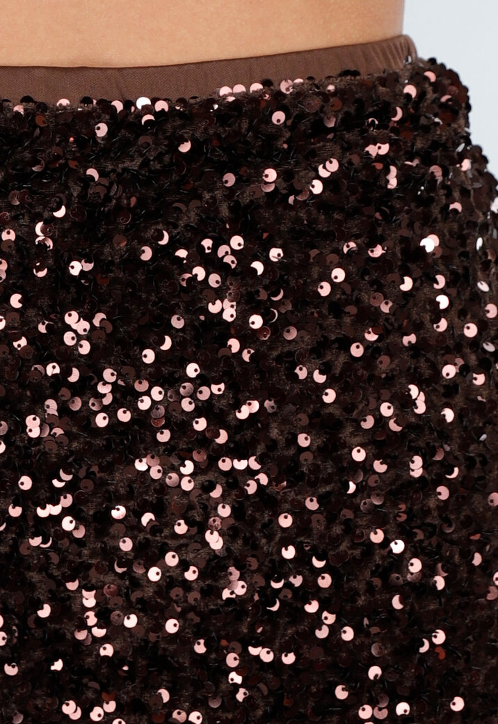 Bruine Midi Rok met All Over Pailletten en Subtiele Uitlopende Zoom