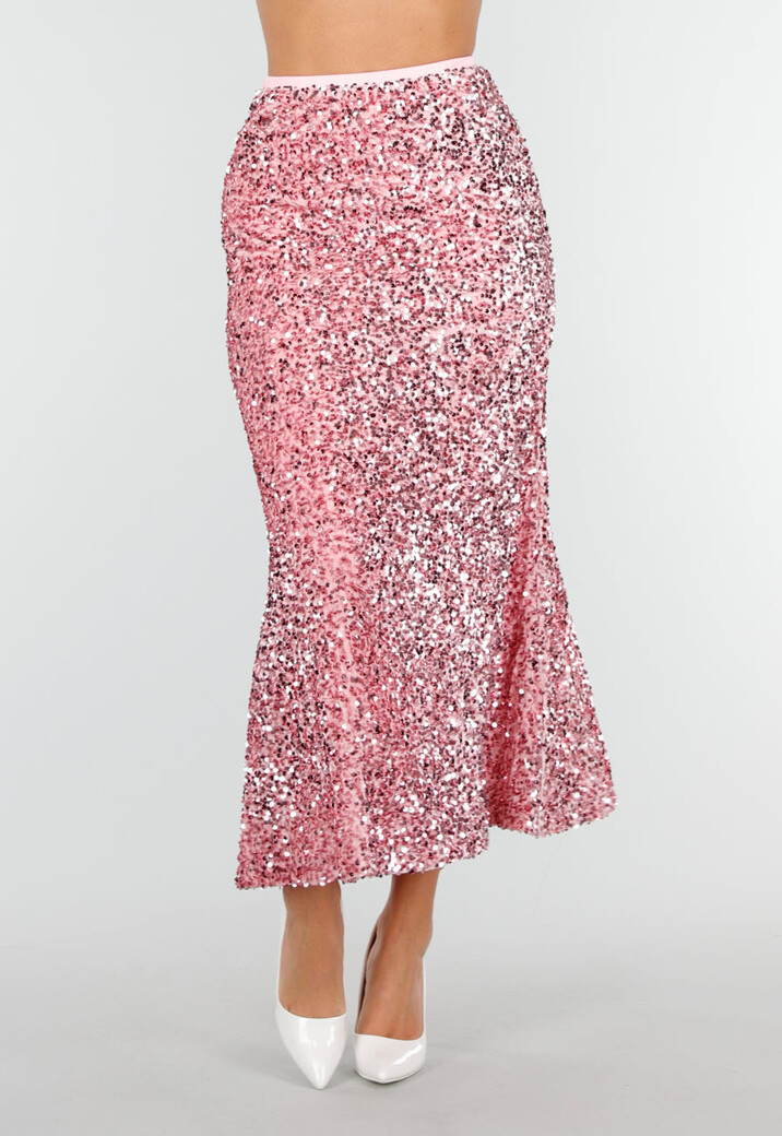 Roze Midi Rok met All Over Pailletten en Subtiele Uitlopende Zoom