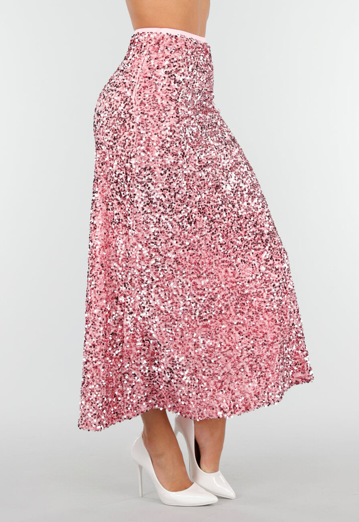 Roze Midi Rok met All Over Pailletten en Subtiele Uitlopende Zoom