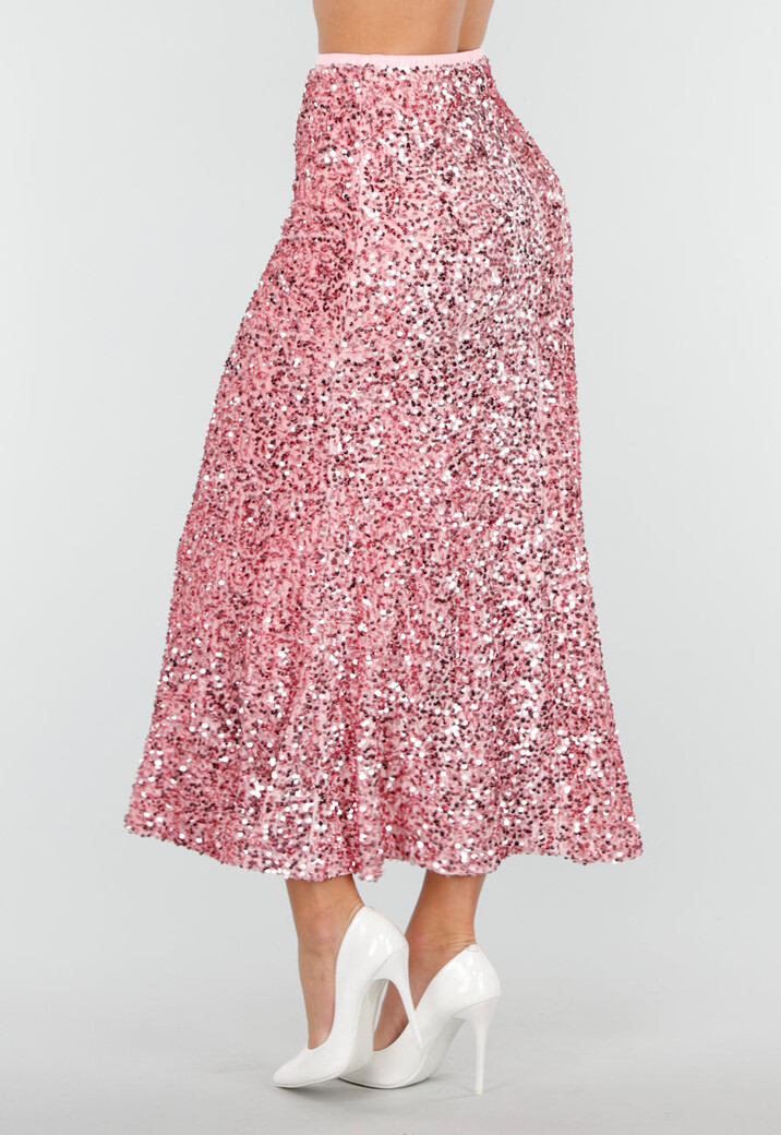 Roze Midi Rok met All Over Pailletten en Subtiele Uitlopende Zoom