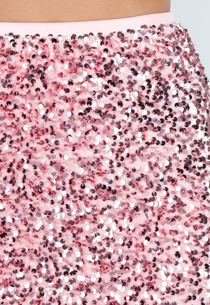 Roze Midi Rok met All Over Pailletten en Subtiele Uitlopende Zoom