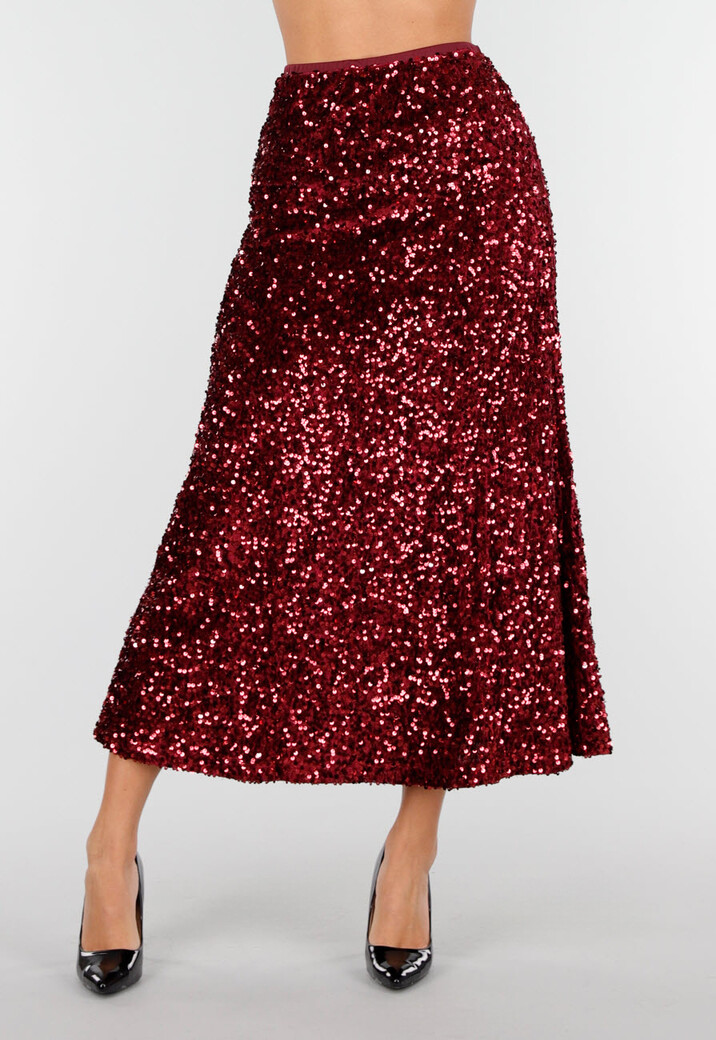 Rode Midi Rok met All Over Pailletten en Subtiele Uitlopende Zoom