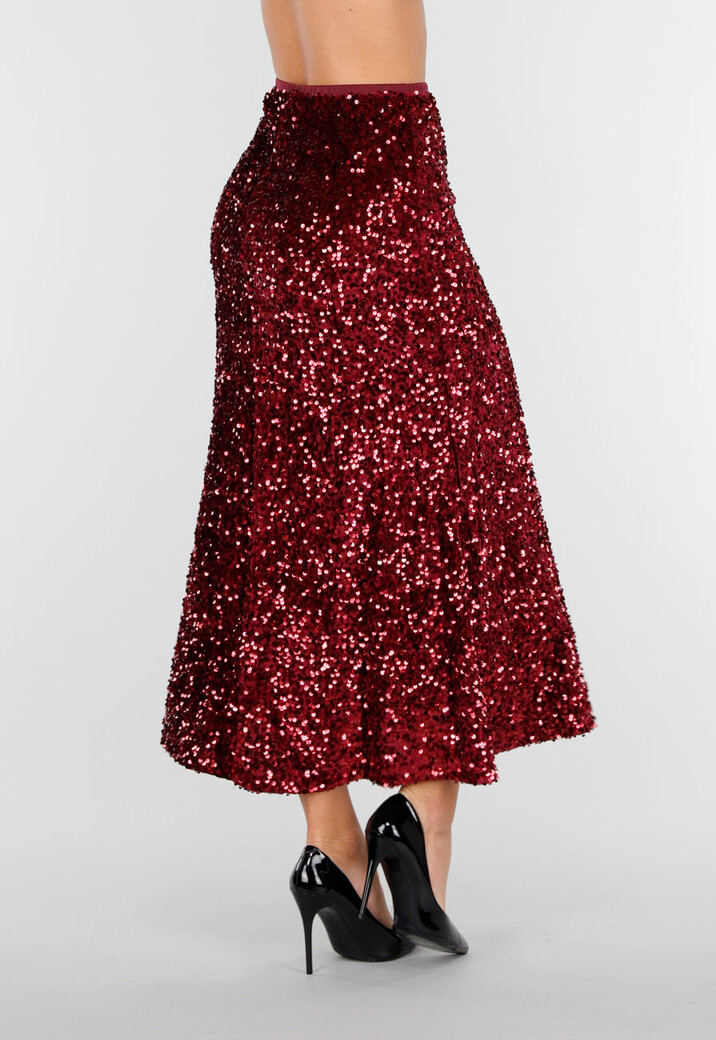 Rode Midi Rok met All Over Pailletten en Subtiele Uitlopende Zoom