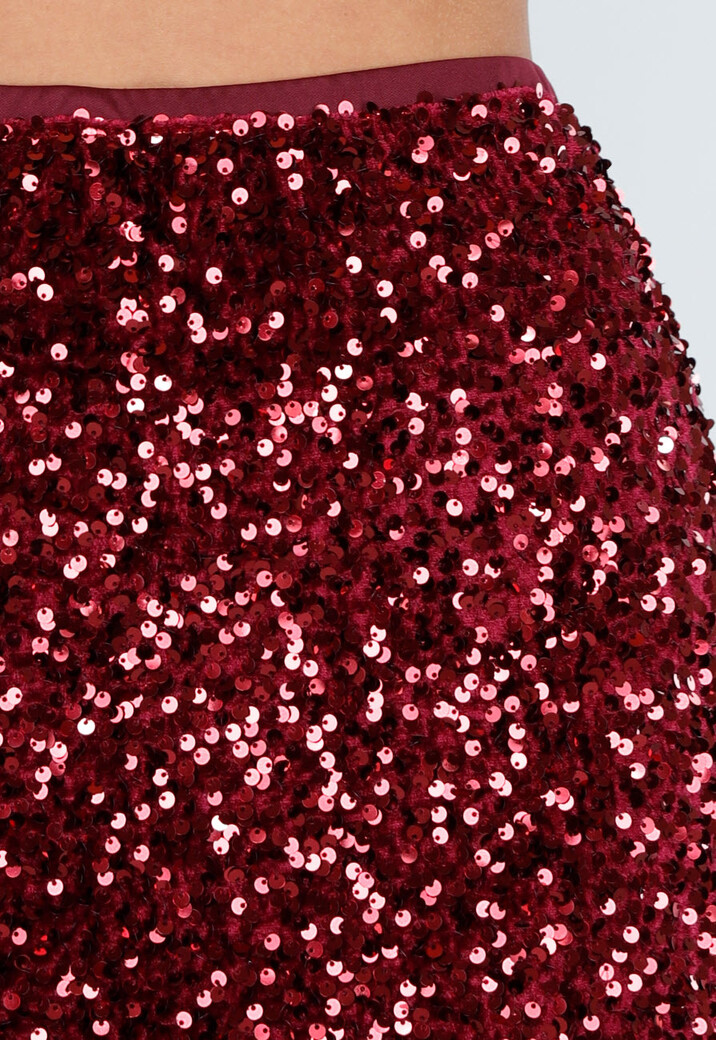 Rode Midi Rok met All Over Pailletten en Subtiele Uitlopende Zoom