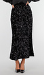 Zwarte Midi Rok met All Over Pailletten en Subtiele Uitlopende Zoom