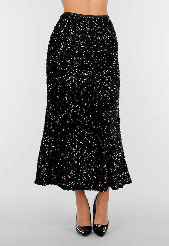 Zwarte Midi Rok met All Over Pailletten en Subtiele Uitlopende Zoom
