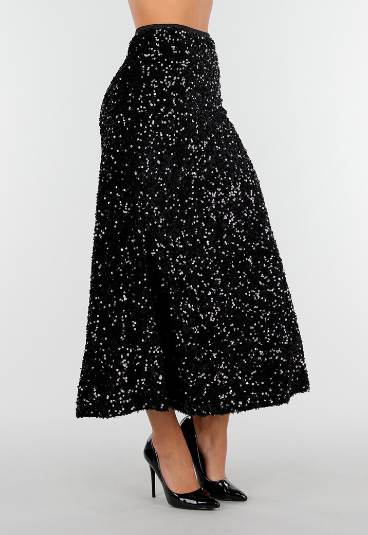 Zwarte Midi Rok met All Over Pailletten en Subtiele Uitlopende Zoom