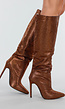 Bronzen Kniehoge Laarzen met All Over Strass en Hoge Naaldhak