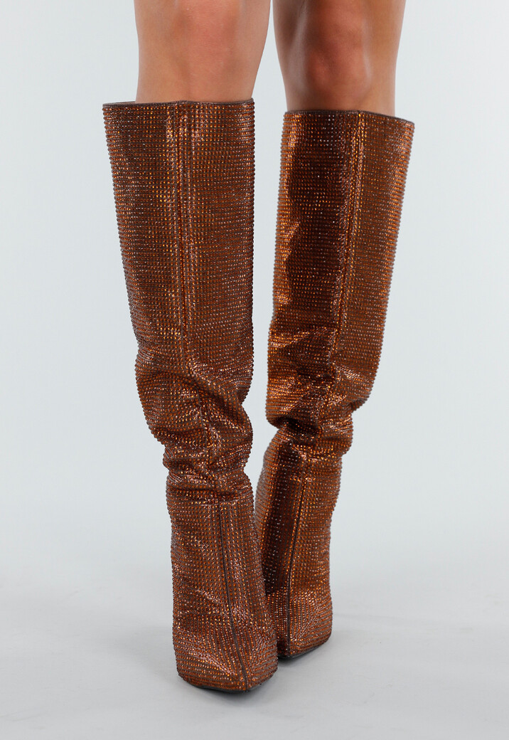 Bronzen Kniehoge Laarzen met All Over Strass en Hoge Naaldhak