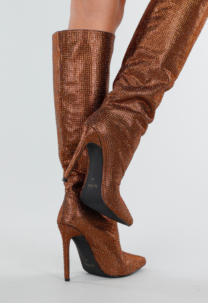 Bronzen Kniehoge Laarzen met All Over Strass en Hoge Naaldhak