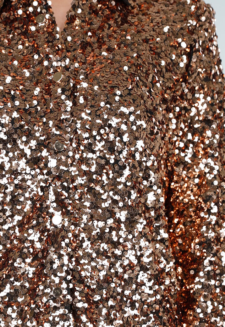 Goudkleurige Pailletten Blouse met Kraag en Lange Mouwen