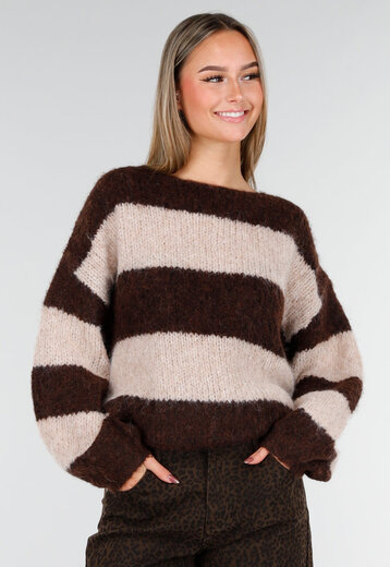 Bruin-Beige Gestreepte Fluffy Trui